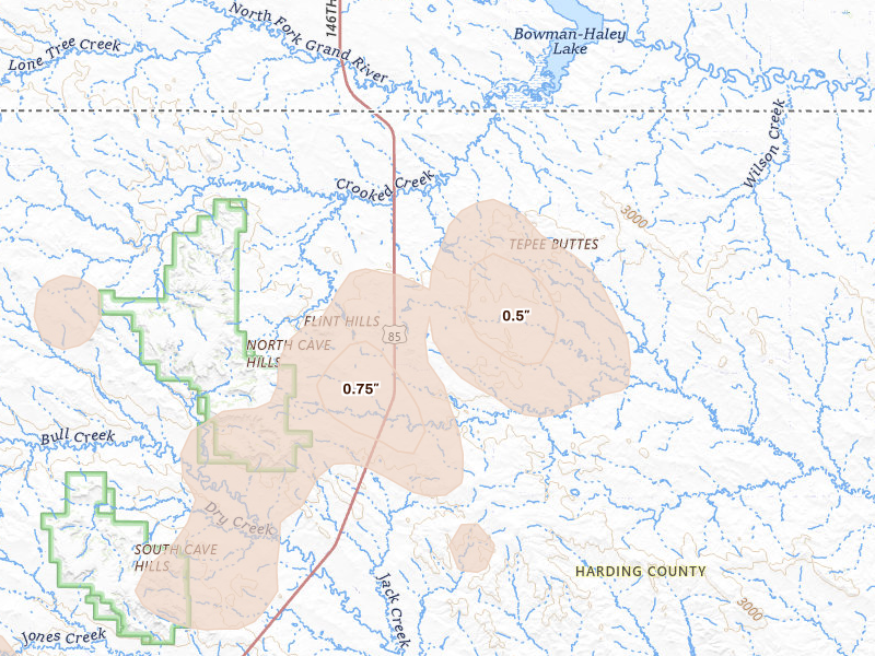 Radar-estimated hail-size map of the storm over Ludlow, SD on Jul 30, 2026