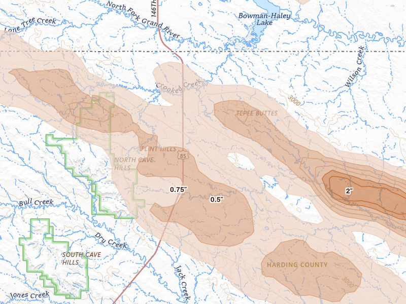 Radar-estimated hail-size map of the storm over Ludlow, SD on Aug 17, 2026