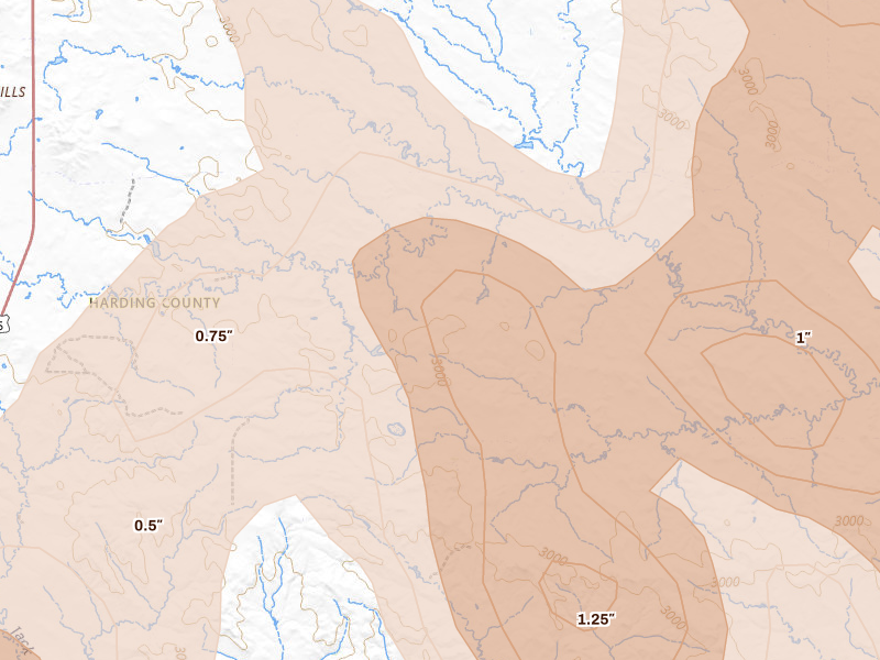 Radar-estimated hail-size map of the storm over Ludlow, SD on Aug 23, 2026