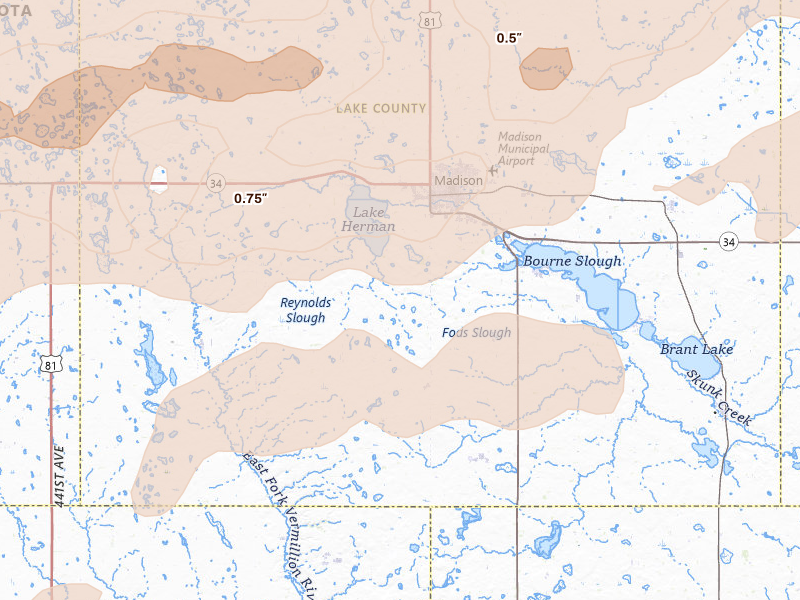 Radar-estimated hail-size map of the storm over Madison, SD on Jul 2, 2026