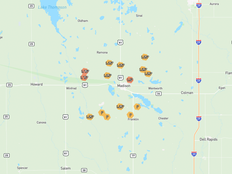 Hail map of Madison, SD on Jul 2, 2026, hail up to 1.75"