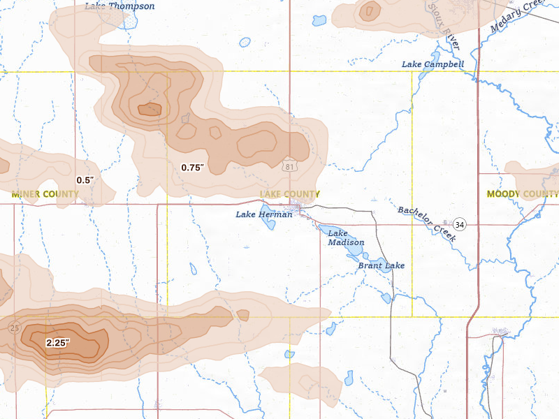 Radar-estimated hail-size map of the storm over Madison, SD on Aug 6, 2026
