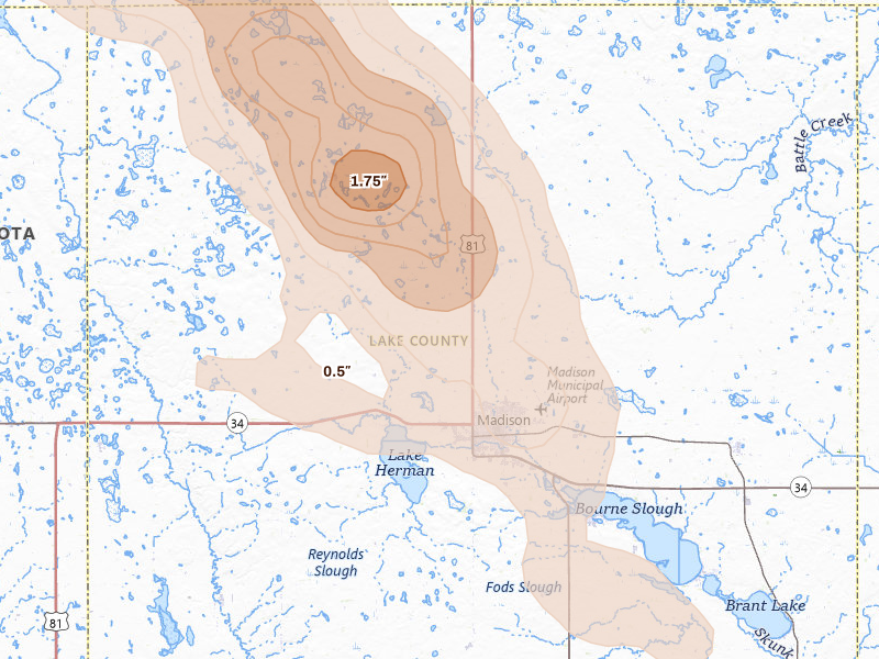Radar-estimated hail-size map of the storm over Madison, SD on Aug 24, 2026