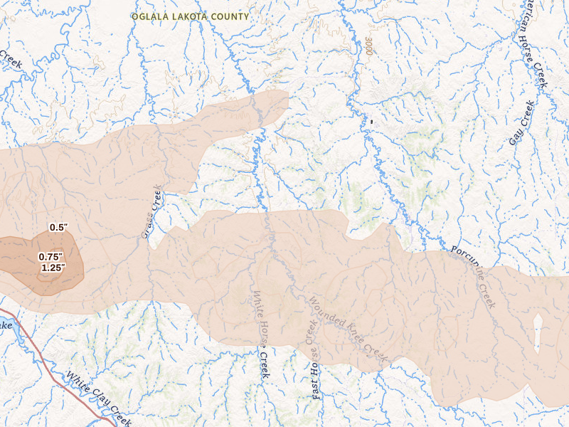 Radar-estimated hail-size map of the storm over Manderson, SD on Jun 4, 2026