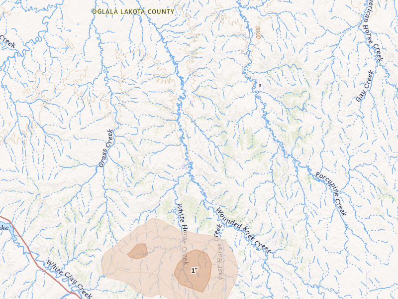 Radar-estimated hail-size map of the storm over Manderson, SD on Jul 29, 2026