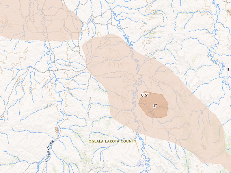 Radar-estimated hail-size map of the storm over Manderson, SD on Aug 23, 2026