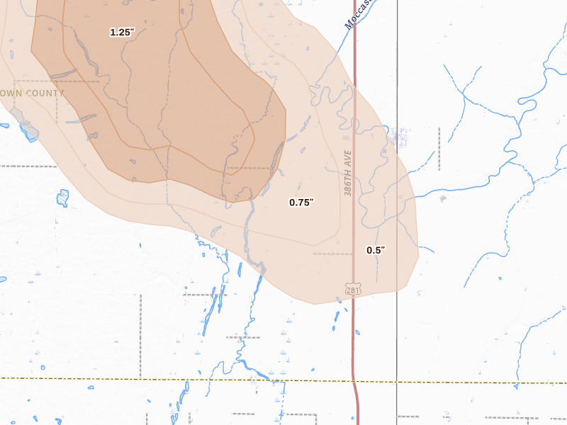 Radar-estimated hail-size map of the storm over Mansfield, SD on Aug 24, 2026