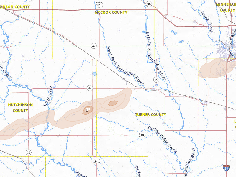 Radar-estimated hail-size map of the storm over Marion, SD on Apr 13, 2026