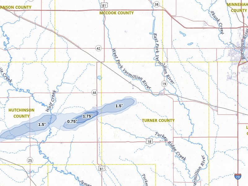 NEXRAD radar-signature map of the hail over Marion, SD