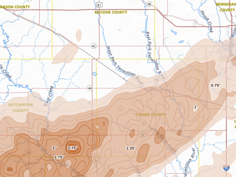 Radar-estimated hail-size map of the storm over Marion, SD on May 17, 2026