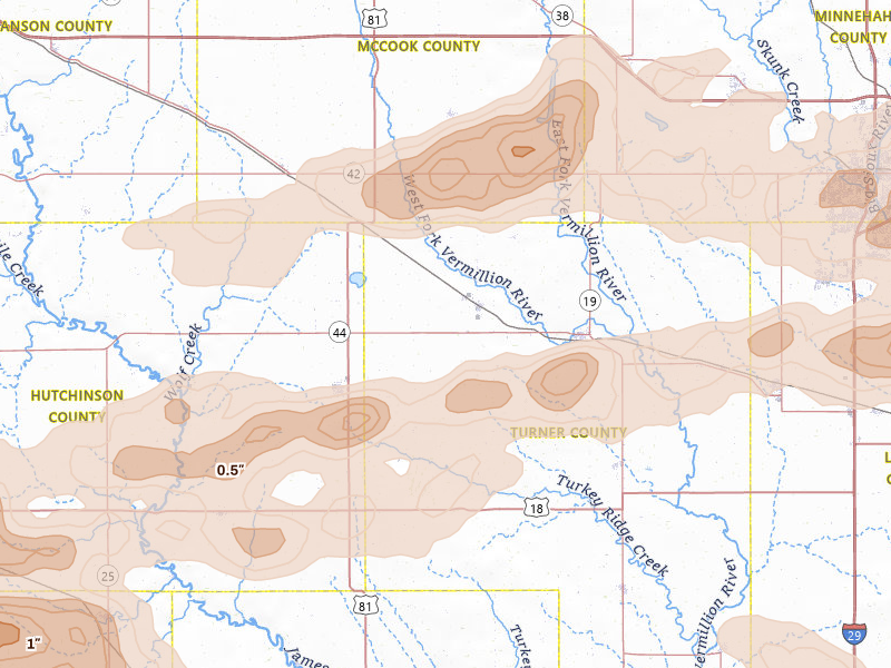 Radar-estimated hail-size map of the storm over Marion, SD on May 24, 2026