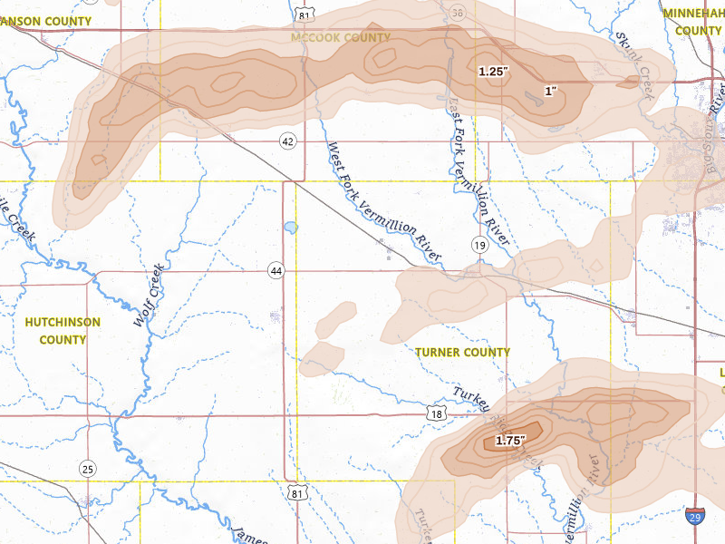 Radar-estimated hail-size map of the storm over Marion, SD on May 31, 2026