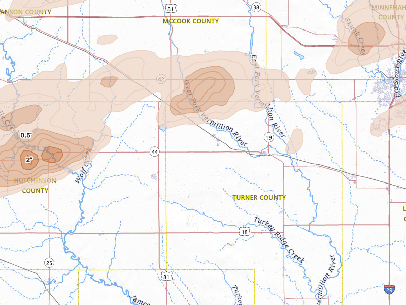 Radar-estimated hail-size map of the storm over Marion, SD on Jul 2, 2026