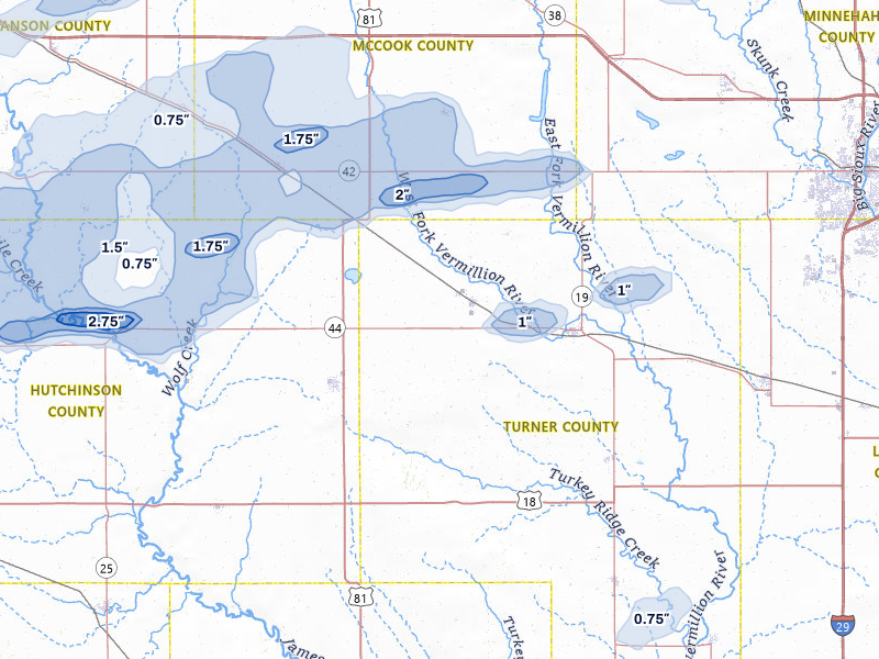NEXRAD radar-signature map of the hail over Marion, SD