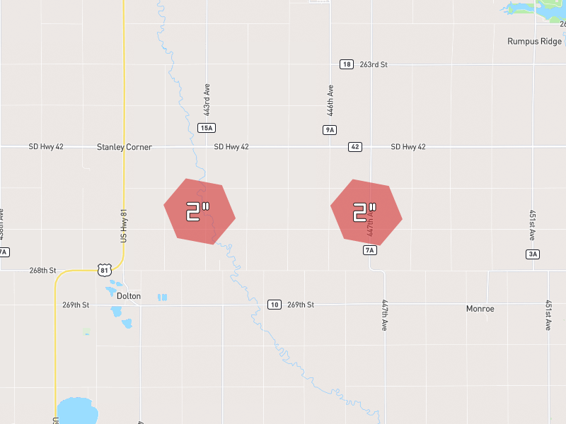 Hail map of Marion, SD on Jul 3, 2026, hail up to 2"