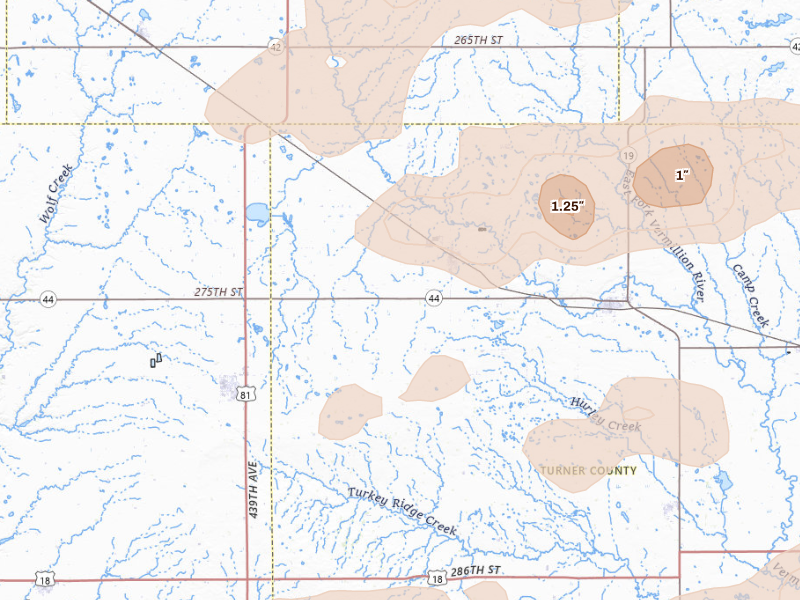 Radar-estimated hail-size map of the storm over Marion, SD