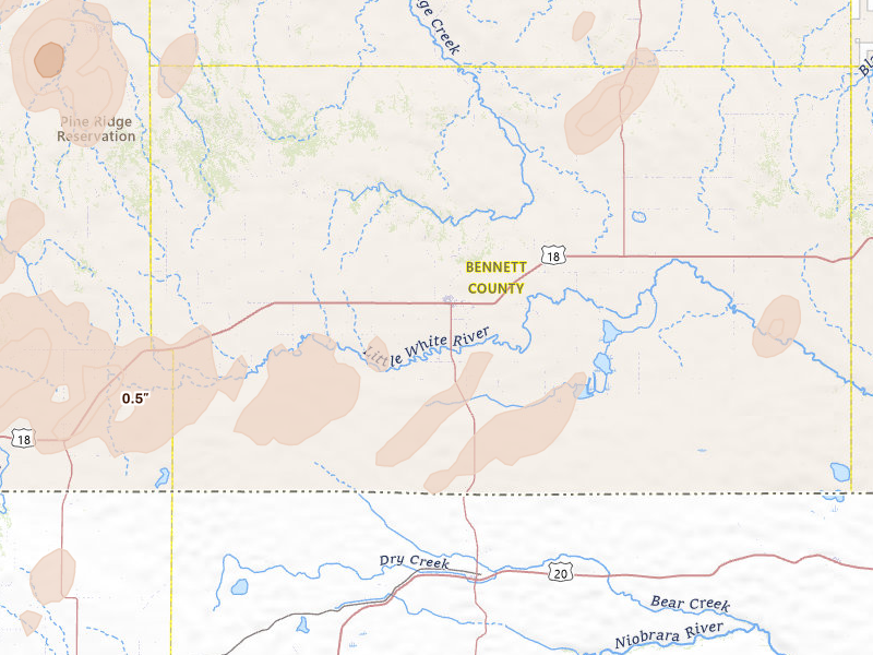 Radar-estimated hail-size map of the storm over Martin, SD on Jun 2, 2026