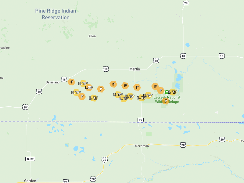Hail map of Martin, SD on Jun 3, 2026, hail up to 1.25"