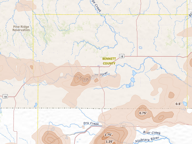 Radar-estimated hail-size map of the storm over Martin, SD on Jun 4, 2026