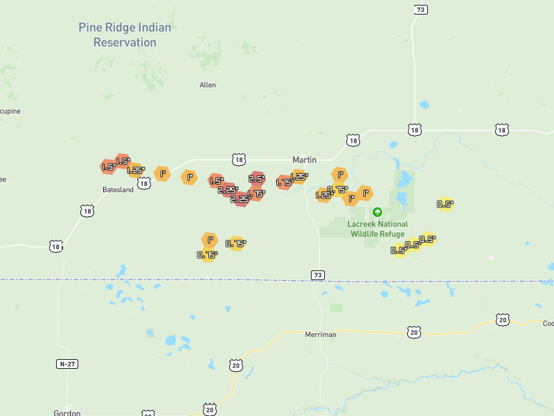 Hail map of Martin, SD on Jun 5, 2026, hail up to 2.5"