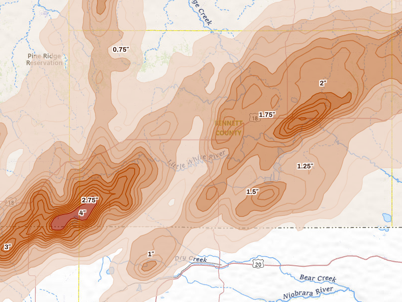 Radar-estimated hail-size map of the storm over Martin, SD on Jun 28, 2026