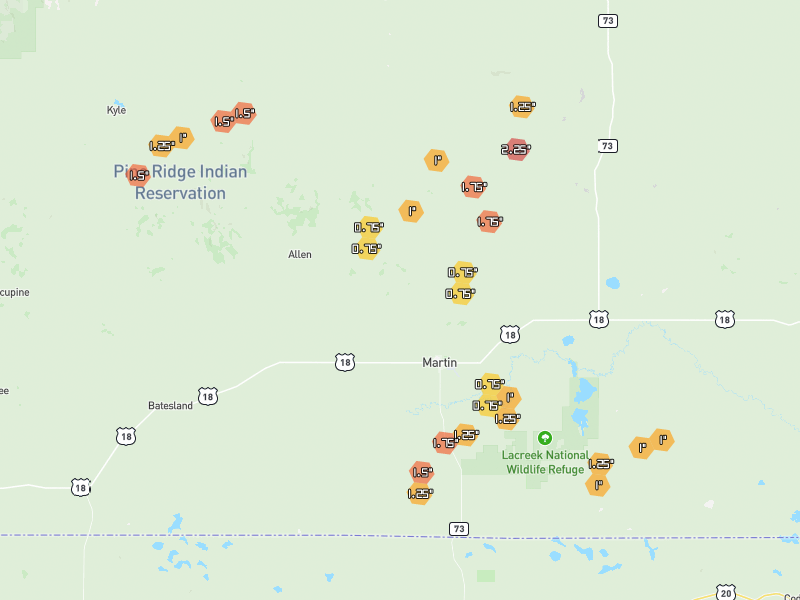 Hail map of Martin, SD on Jun 28, 2026, hail up to 2.25"