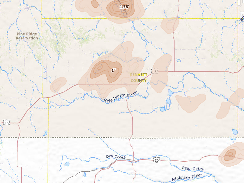 Radar-estimated hail-size map of the storm over Martin, SD on Jul 27, 2026