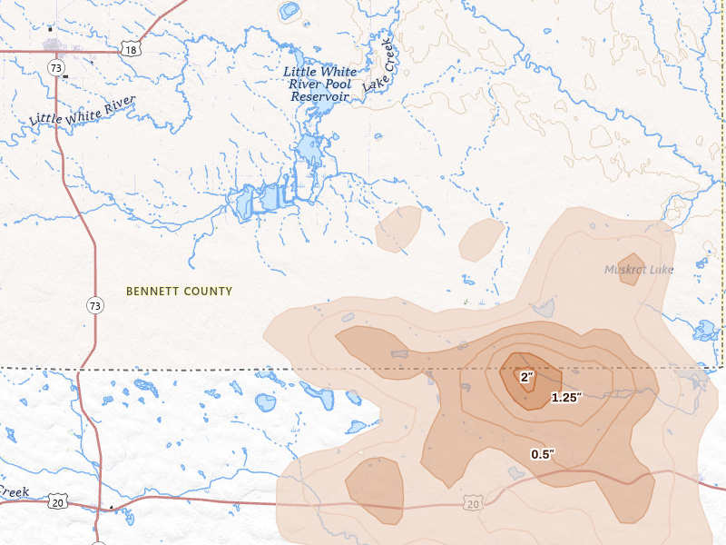 Radar-estimated hail-size map of the storm over Martin, SD on Aug 7, 2026