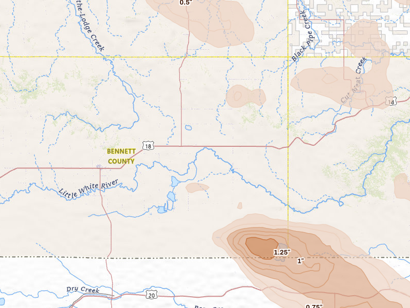 Radar-estimated hail-size map of the storm over Martin, SD on Aug 11, 2026