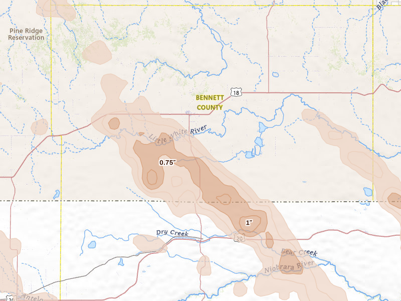 Radar-estimated hail-size map of the storm over Martin, SD on Aug 16, 2026