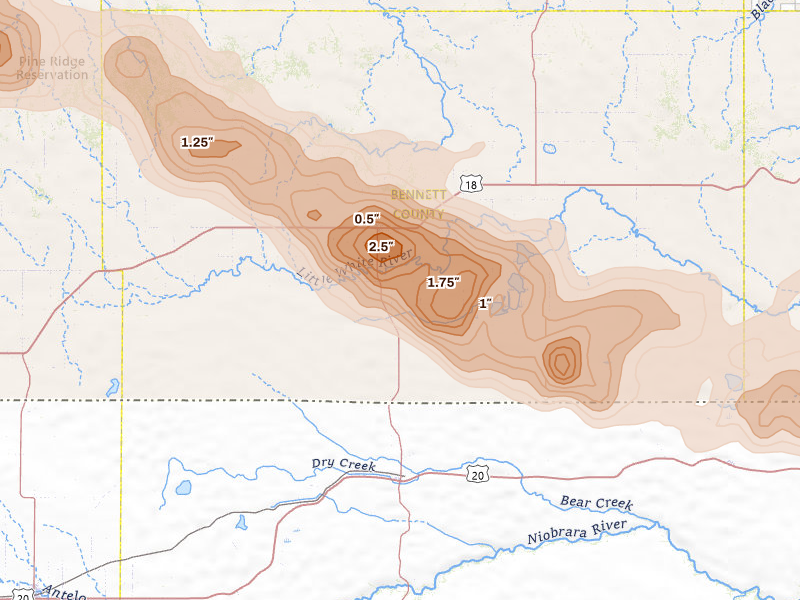 Radar-estimated hail-size map of the storm over Martin, SD on Aug 17, 2026