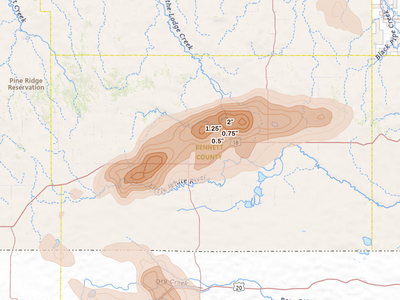 Radar-estimated hail-size map of the storm over Martin, SD on Aug 24, 2026