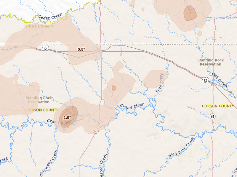 Radar-estimated hail-size map of the storm over Mc Intosh, SD on Jul 1, 2026