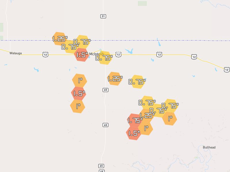 Hail map of Mc Intosh, SD on Jul 2, 2026, hail up to 1.75"