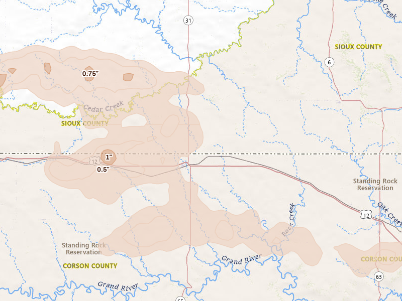 Radar-estimated hail-size map of the storm over Mc Intosh, SD on Aug 30, 2026