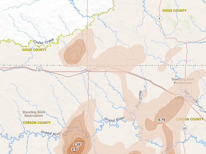 Radar-estimated hail-size map of the storm over Mc Intosh, SD