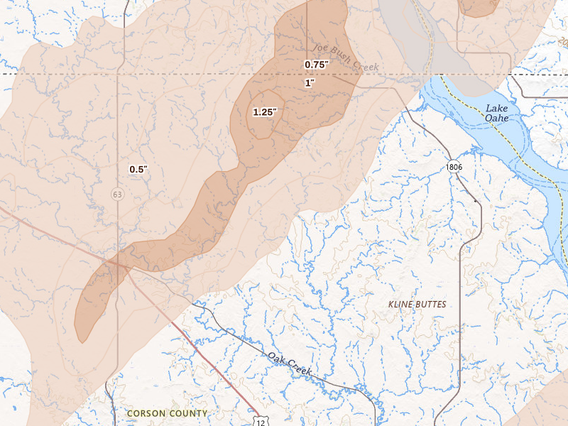 Radar-estimated hail-size map of the storm over Mc Laughlin, SD on Jun 9, 2026
