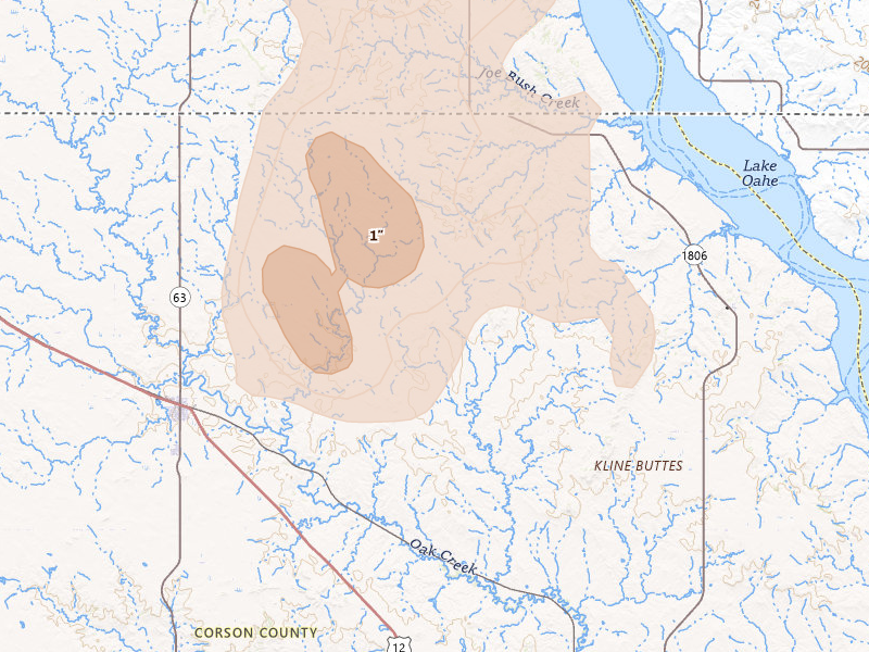 Radar-estimated hail-size map of the storm over Mc Laughlin, SD on Jun 27, 2026