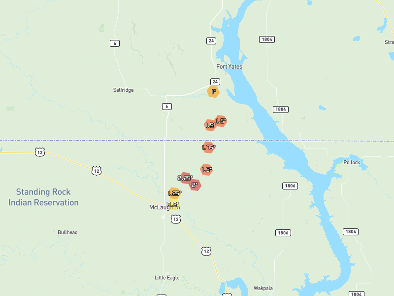 Hail map of Mc Laughlin, SD on Jun 28, 2026, hail up to 2.25"