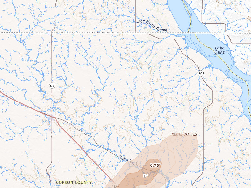 Radar-estimated hail-size map of the storm over Mc Laughlin, SD on Jul 7, 2026