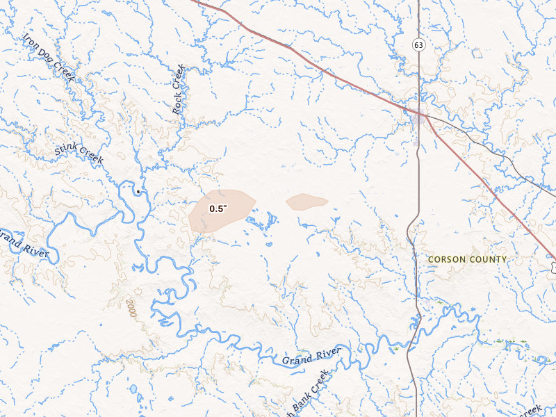 Radar-estimated hail-size map of the storm over Mc Laughlin, SD on Aug 12, 2026