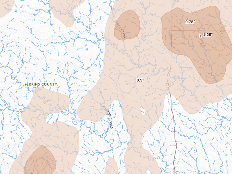Radar-estimated hail-size map of the storm over Meadow, SD on Jun 7, 2026
