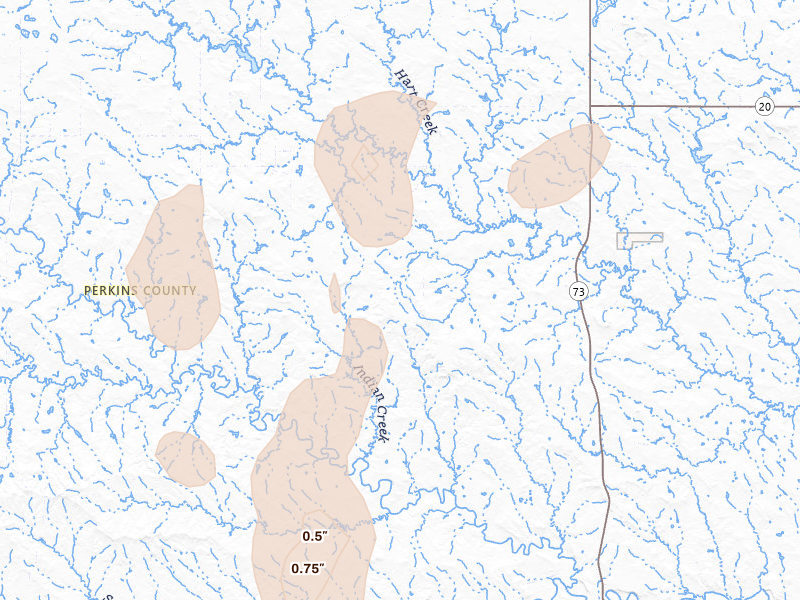 Radar-estimated hail-size map of the storm over Meadow, SD on Jun 26, 2026