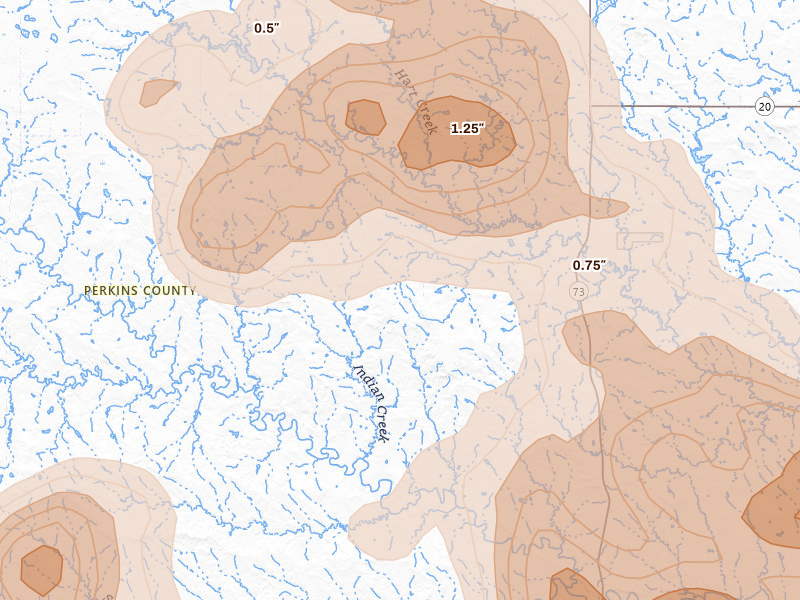 Radar-estimated hail-size map of the storm over Meadow, SD on Jul 2, 2026