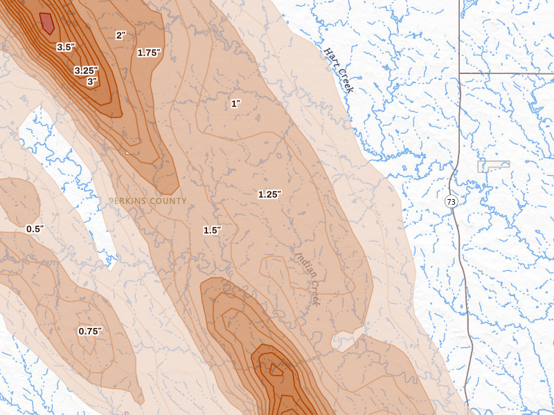 Radar-estimated hail-size map of the storm over Meadow, SD on Aug 10, 2026