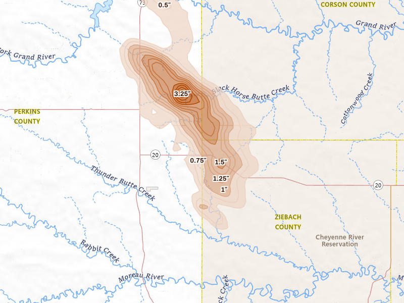 Radar-estimated hail-size map of the storm over Meadow, SD on Aug 11, 2026