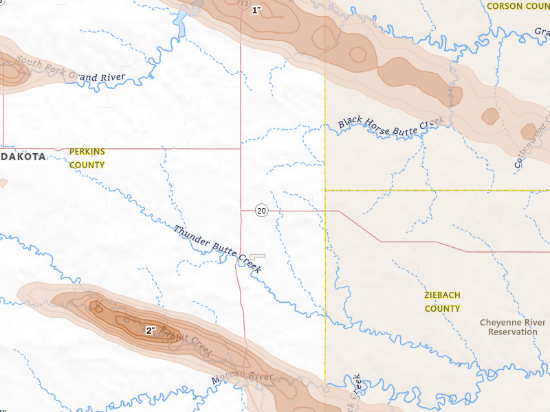 Radar-estimated hail-size map of the storm over Meadow, SD on Aug 17, 2026