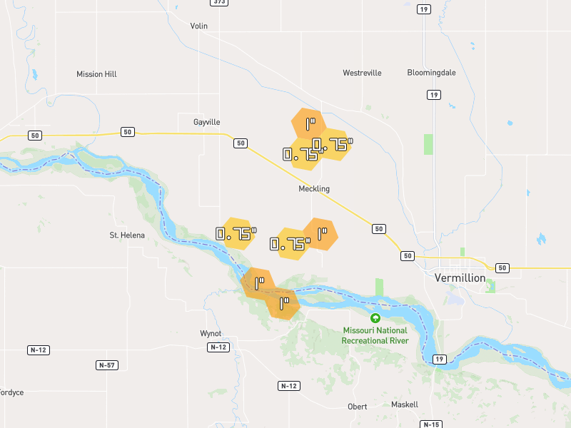 Hail map of Meckling, SD on Jul 2, 2026, hail up to 1"