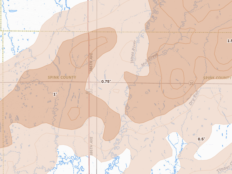 Radar-estimated hail-size map of the storm over Mellette, SD on Jun 29, 2026