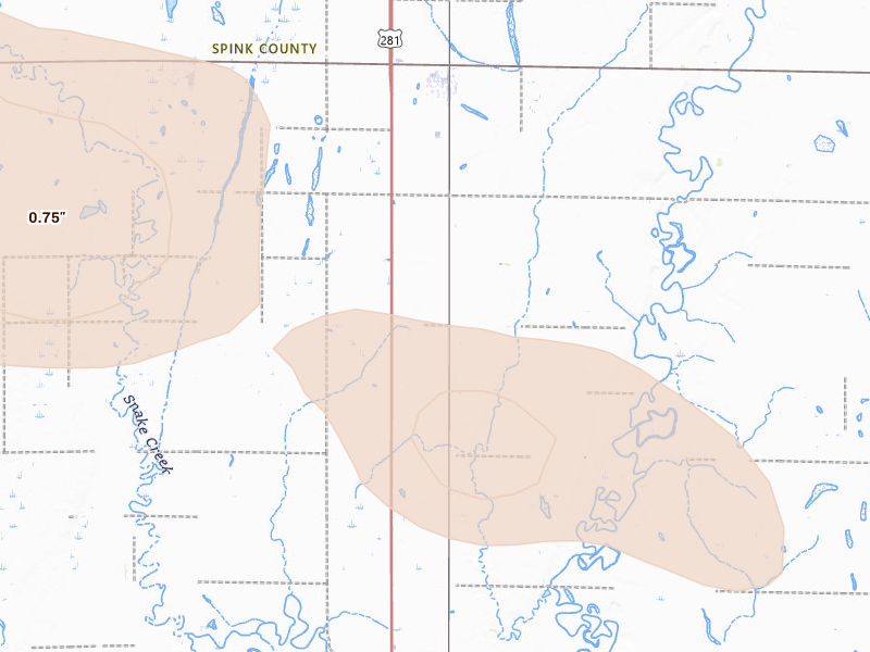 Radar-estimated hail-size map of the storm over Mellette, SD on Aug 8, 2026